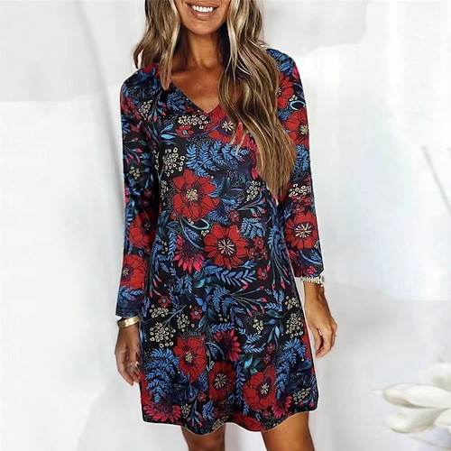 

Mulheres Vestido casual Vestido floral Azul Arco-íris Branco Manga Longa Floral Imprimir Inverno Outono Decote V Roupa de inverno Vestido de outono Ajuste Largo 2022 S M L XL XXL