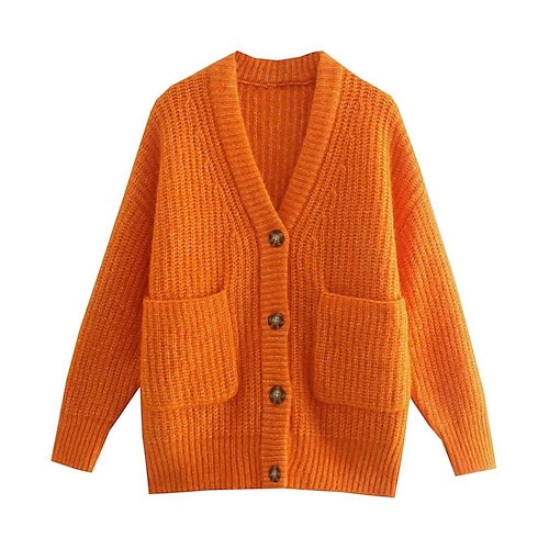 

Women's Cardigan Sweater Jumper Ribbed Knit Button Pocket Pure Color V Neck Stylish Casual Outdoor Daily Winter Fall Khaki Orange S M L / Long Sleeve / Holiday / Regular Fit / Going out
