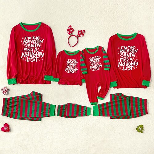 

Family Look Christmas Pajamas Letter Striped Home Red Long Sleeve Daily Matching Outfits