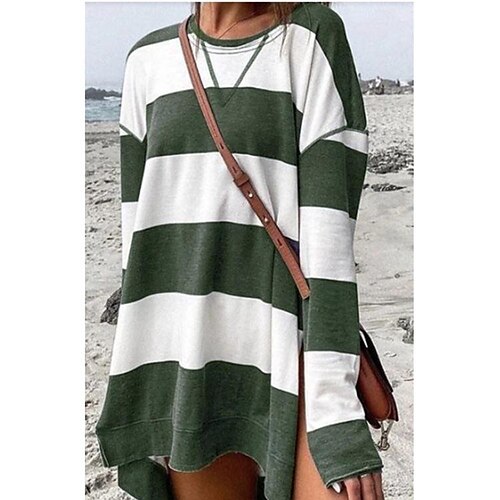 

Women's T shirt Tee Black Blue Green Color Block Striped Print Long Sleeve Daily Weekend Basic Round Neck Long Painting S