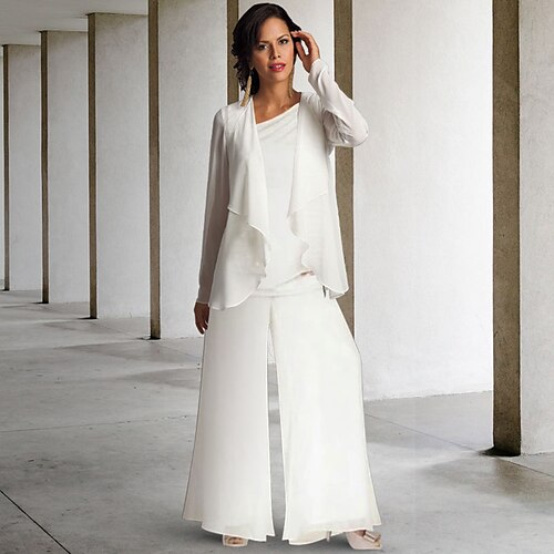 

Two Piece Pantsuit Mother of the Bride Dress Plus Size Elegant Bateau Neck One Shoulder Floor Length Chiffon Sleeveless Wrap Included with Crystals Ruffles 2022