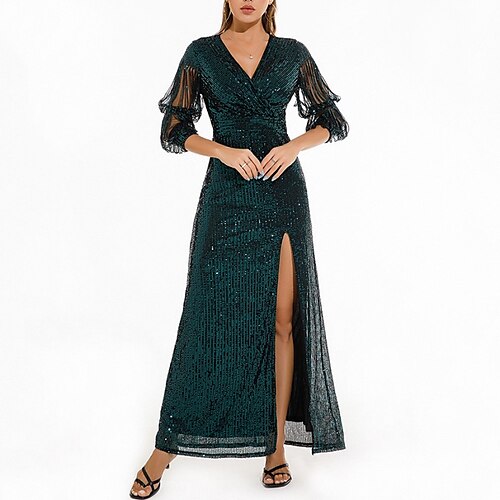 

Women's Party Dress Sequin Dress Shift Dress Green Apricot 3/4 Length Sleeve Pure Color Sequins Winter Fall Autumn V Neck Party Evening Party 2022 S M L XL