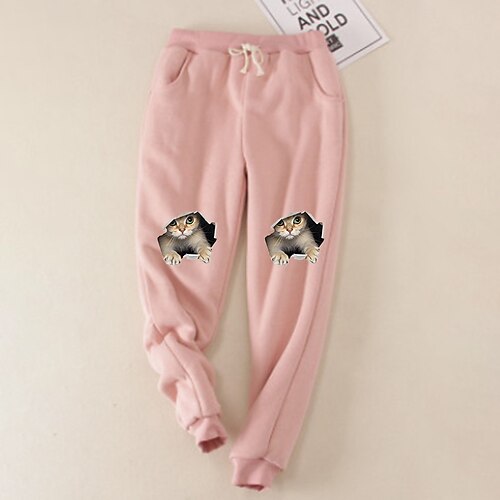 

Women's Plus Size Fleece Pants Chinos Pocket Print Cat Casual Daily Going out Natural Full Length Winter Fall Pink Orange L XL XXL 3XL 4XL