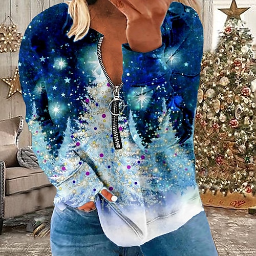 

Women's Plus Size Christmas Tops Pullover Sweatshirt Tree Zipper Print Long Sleeve Round Neck Casual Daily Polyester Winter Fall Blue