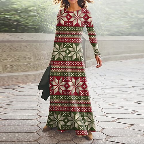

Women's Christmas Casual Dress Swing Dress Blue Red Long Sleeve Snowflake Pocket Print Winter Fall V Neck Vacation Casual 2022 S M L XL XXL 3XL
