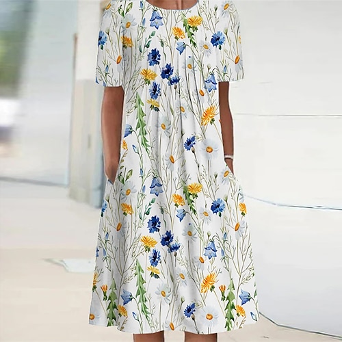 

Women's Casual Dress Shift Dress White Short Sleeve Floral Pocket Spring Summer Crew Neck 2022 S M L XL XXL 3XL