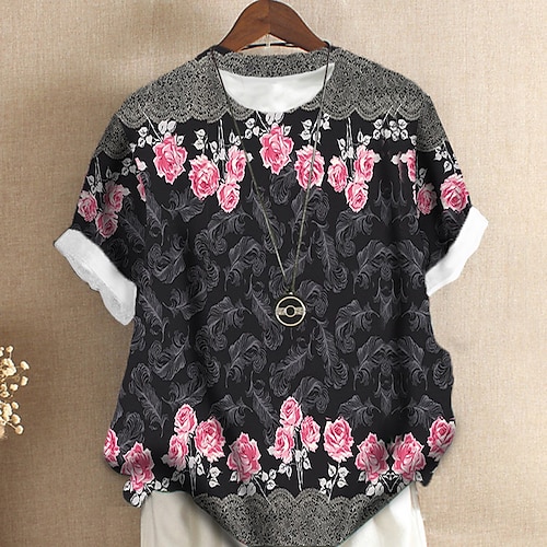 

Women's Plus Size Tops T shirt Tee Floral Print Short Sleeve Crewneck Streetwear Daily Sports Cotton Spandex Jersey Spring Summer Green Blue