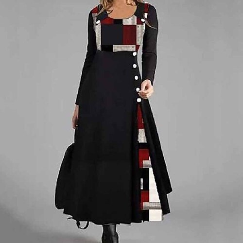 

Women's Casual Dress Swing Dress Maxi long Dress Purple Yellow Red Black Long Sleeve Geometric Color Block Button Print Fall Winter Crew Neck Stylish Modern 2022 S M L XL XXL 3XL 4XL