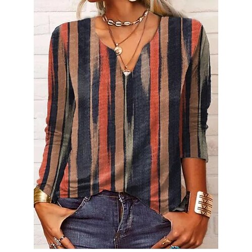 

Women's Shirt Red Striped Print Long Sleeve Casual Basic V Neck Regular S