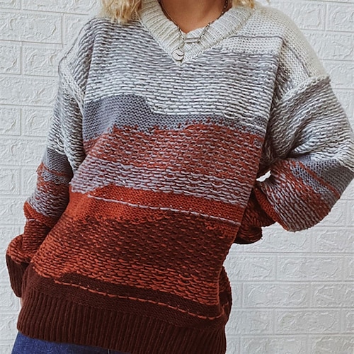 

Women's Pullover Sweater jumper Jumper Crochet Knit Knitted Tie Dye V Neck Stylish Casual Daily Holiday Winter Fall Blue Orange S M L / Long Sleeve / Regular Fit / Going out