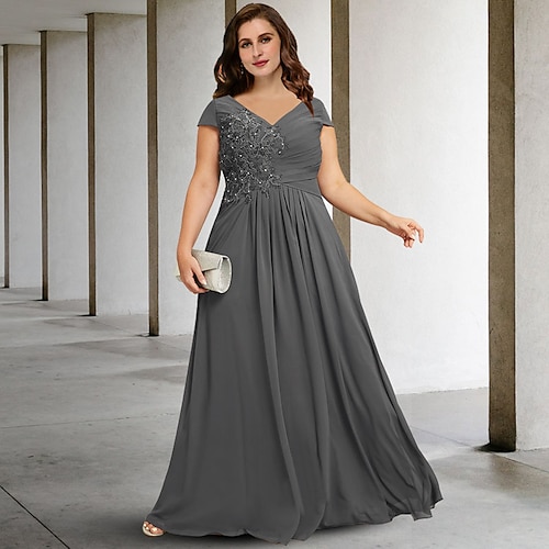 

A-Line Plus Size Curve Mother of the Bride Dresses Elegant Dress Formal Floor Length Short Sleeve V Neck Chiffon with Pleats Sequin Appliques 2022