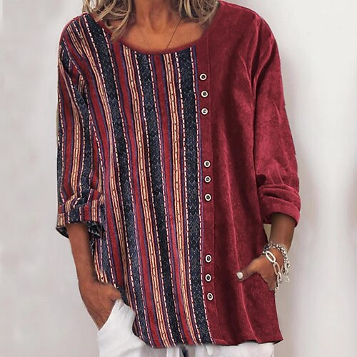 

Women's Shirt Yellow Wine Red Striped Button Print Long Sleeve Casual Basic Round Neck Regular M