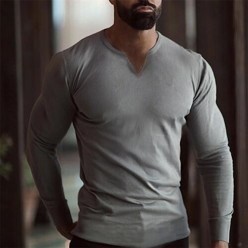 

Men's T shirt Tee Solid Color V Neck Gray Street Daily Long Sleeve Clothing Apparel Fashion Designer Casual Comfortable