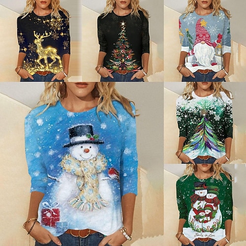 

Women's T shirt Tee Color Block Christmas Tree Regular Winter