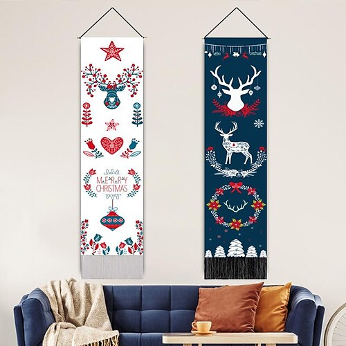 

Christmas Elk Woven Tapestry Photography Background Cartoon Colorful Nordic Living Room Bedroom Decoration Tassel Tapestry 32.5x130cm(13x52inch)
