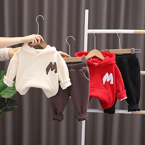 

2 Pieces Toddler Boys Hoodie & Pants Outfit Solid Color Letter Long Sleeve Cotton Set Outdoor Fashion Daily Winter Fall 3-7 Years Red Beige