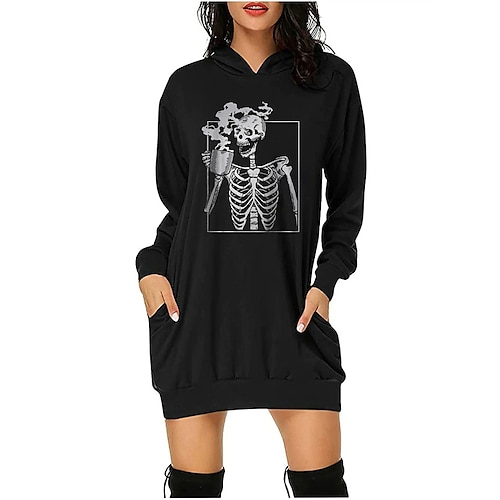 

Women's Hoodie Dress Winter Dress Black Red Long Sleeve Pocket Winter Fall Hooded Stylish Casual Fall Dress Loose Fit 2022 2XS XS S M L XL 2XL 3XL 4XL 5XL / Halloween / Skull