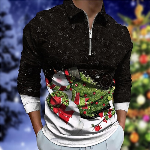 

Men's Collar Polo Shirt Golf Shirt Snowman Graphic Prints Turndown Black 3D Print Christmas Street Long Sleeve Zipper Print Clothing Apparel Fashion Designer Casual Breathable