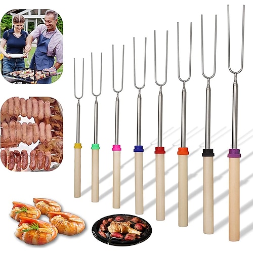 

8PCS Skewers Fork Kebab Barbecue BBQ Roasting Grill Sticks Skewer, Metal Extendable for Kids Camping Grilling Accessories
