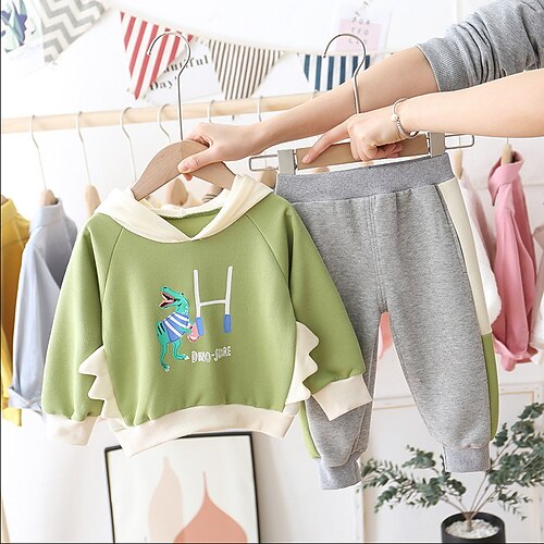 

2 Pieces Toddler Hoodie & Pants Outfit Animal Letter Long Sleeve Pocket Cotton Set Outdoor Fashion Daily Winter Fall 3-7 Years Green Blue Yellow