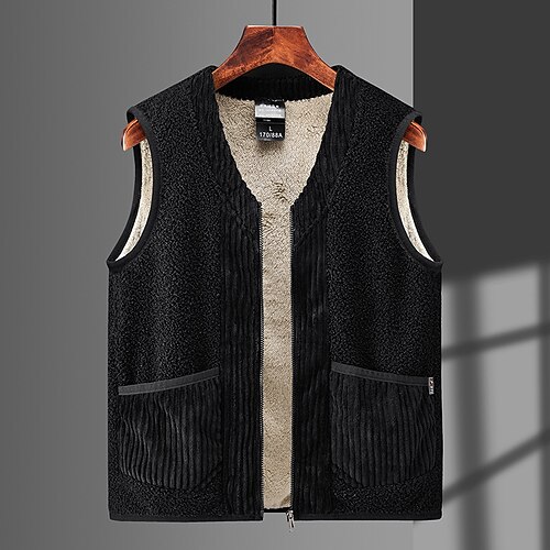 

Men's Sherpa jacket Vest Fleece Vest Warm Daily Wear Going out Festival Zipper V Neck Basic Sport Casual Jacket Outerwear Solid Colored Zipper Pocket Black Dark Gray