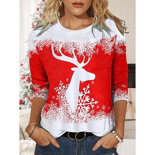 

Women's T shirt Tee Red Snowflake Reindeer Print Long Sleeve Casual Daily Basic Round Neck Regular Painting S