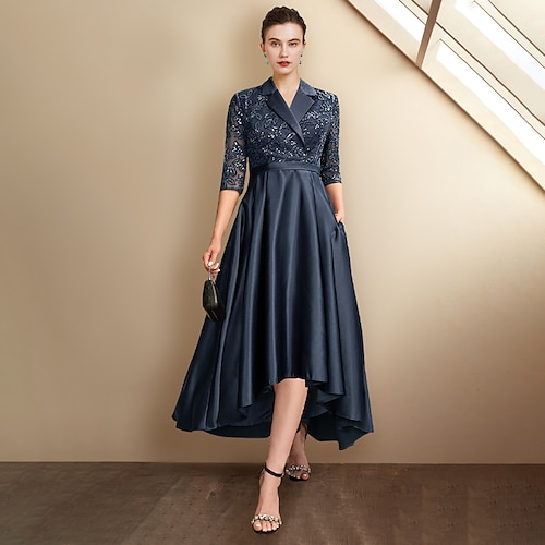 

A-Line Mother of the Bride Dress Plus Size Elegant Shirt Collar Asymmetrical Tea Length Satin Lace Half Sleeve with Pleats Sequin Appliques 2022