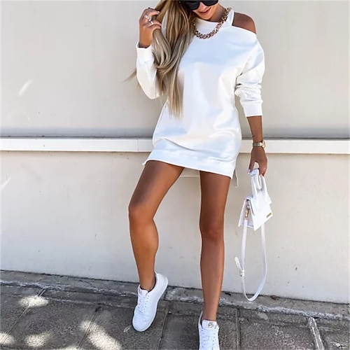 

Women's Shift Dress White Dress White Black Long Sleeve Pure Color Split Cut Out Winter Fall Crew Neck Casual Classic Fall Dress 2022 S M XL 2XL / Cotton / Winter Dress
