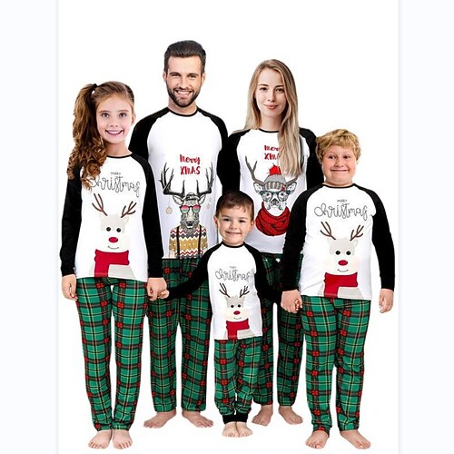 

Family Look Christmas Pajamas Plaid Letter Deer Home White Long Sleeve Basic Matching Outfits