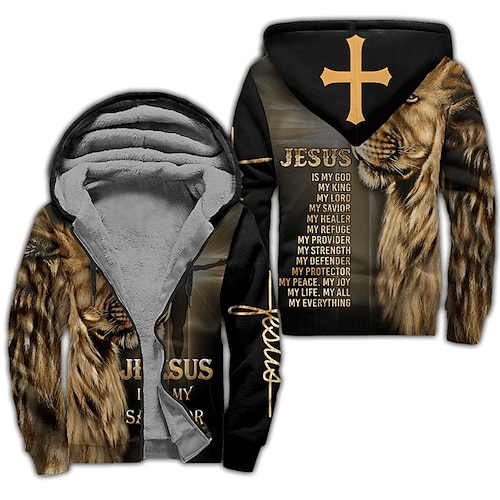 

Men's Fleece Jacket Full Zip Hoodie Fleece Hoodie Sherpa Jacket Brown Hooded Lion Knights Templar Graphic Prints Zipper Print Sports & Outdoor Daily Sports 3D Print Fleece Streetwear Designer Casual