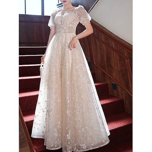 

A-Line Prom Dresses Elegant Dress Engagement Floor Length Half Sleeve Notch lapel collar Satin with Appliques 2022