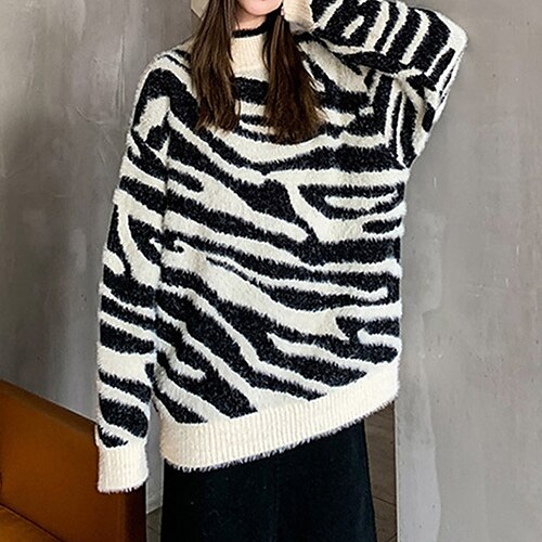 

Women's Pullover Sweater jumper Jumper Ribbed Knit Knitted Striped Crew Neck Stylish Casual Outdoor Daily Winter Fall Black One-Size / Long Sleeve / Holiday / Regular Fit / Going out