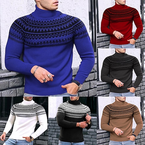 

Men's Sweater Pullover Sweater Jumper Ribbed Knit Cropped Knitted Tribal Turtleneck Keep Warm Modern Contemporary Work Daily Wear Clothing Apparel Fall & Winter Black Khaki S M L