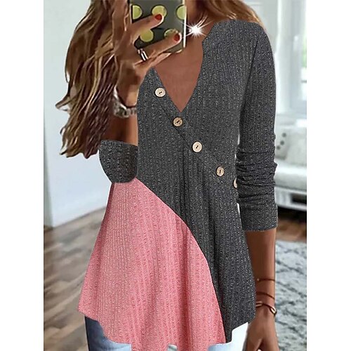 

Women's Shirt Pink Color Block Button Long Sleeve Casual Weekend Streetwear V Neck Regular S
