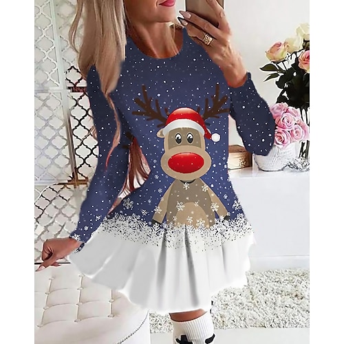 

Women's Christmas Swing Dress Short Mini Dress Light Blue Long Sleeve Elk Snowflake Pleated Print Fall Winter Crew Neck Stylish Romantic 2022 S M L XL 2XL 3XL 4XL 5XL 6XL