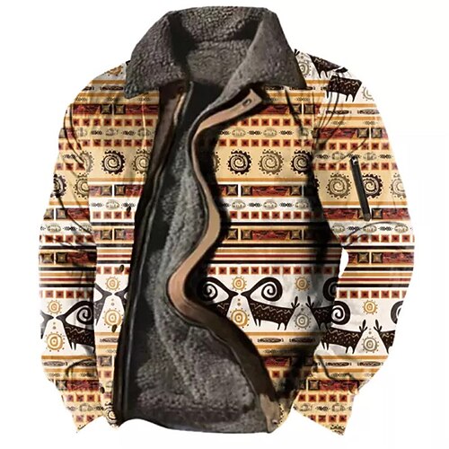 

Men's Coat Fleece Lining With Pockets Daily Wear Vacation Going out Zipper Turndown Ethnic Style Outdoor Comfort Jacket Outerwear Geometry Zipper Fleece Print Khaki