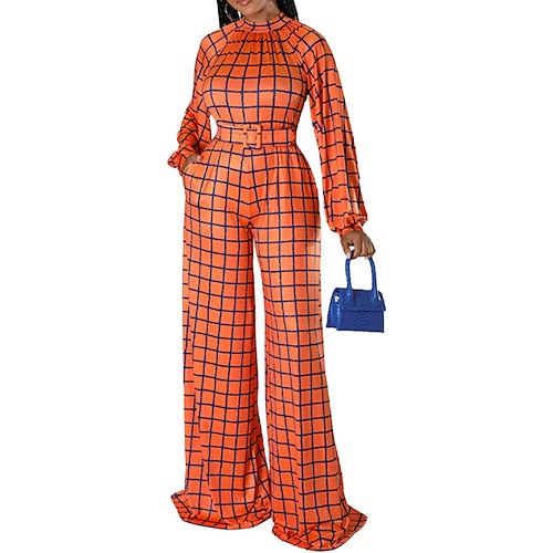 

Women's Jumpsuit High Waist Print Plaid Stand Collar Streetwear Daily Going out Regular Fit Long Sleeve Orange S M L Winter