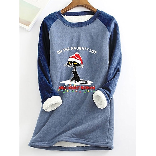 

Women's Sweatshirt Pullover Sherpa Fleece Teddy Blue Pink Gray Cat Christmas Round Neck Long Sleeve Fleece S M L XL XXL 3XL