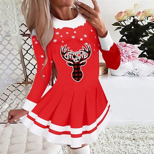 

Women's Christmas Swing Dress Short Mini Dress Blue Red Black Long Sleeve Plaid Elk Snowflake Pleated Print Fall Winter Crew Neck Stylish Romantic Loose Fit 2022 S M L XL XXL