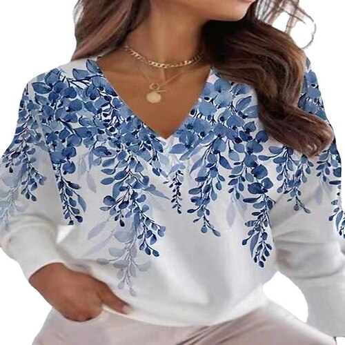 

Women's Shirt White Floral Print Long Sleeve Casual Holiday Streetwear V Neck Regular Floral S