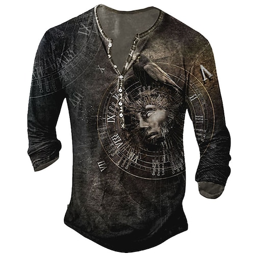 

Men's T shirt Tee Henley Shirt Tee Graphic Human Henley Black 3D Print Outdoor Daily Long Sleeve Button-Down Print Clothing Apparel Basic Designer Classic Comfortable