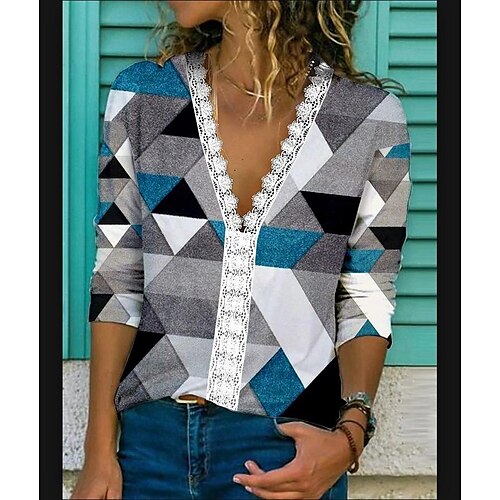 

Women's Shirt Gray Geometric Lace Trims Print Long Sleeve Casual Holiday Streetwear V Neck Regular Geometric S