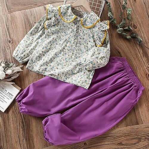 

Kids Girls' Pants Suit 2 Pieces Long Sleeve Purple Floral Pocket School Casual Fashion Daily Long Maxi 7-13 Years