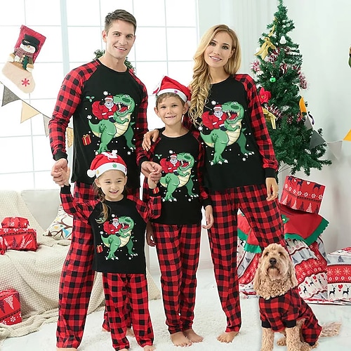 

Family Look Christmas Pajamas Cotton Plaid Santa Claus Dinosaur Home Black Long Sleeve Basic Matching Outfits / Fall / Winter