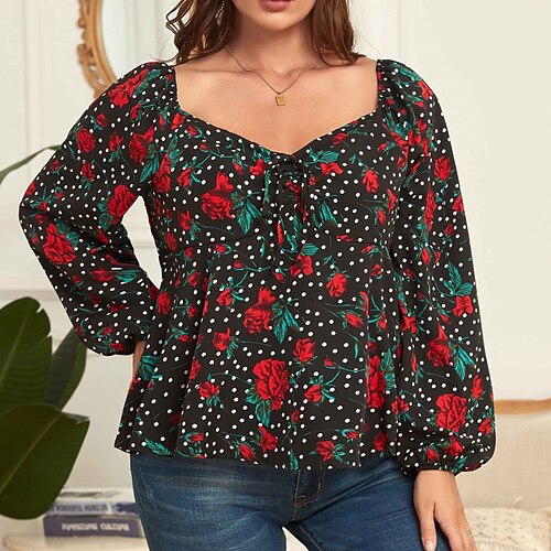 

Women's Plus Size Tops Blouse Shirt Floral Print Long Sleeve Square Neck Elegant Casual Daily Going out Polyester Winter Fall Black