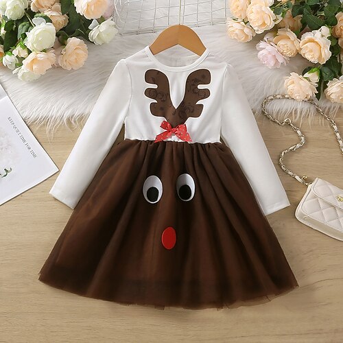 

Kids Girls' Ugly Christmas Elk Dress Cartoon A Line Dress School Brown Long Sleeve Active Fashion Dresses Christmas Winter Fall 7-13 Years
