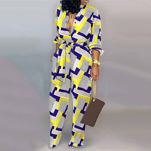 

Women's Jumpsuit High Waist Print Geometric Shirt Collar Streetwear Street Going out Regular Fit Long Sleeve Yellow S M L Winter