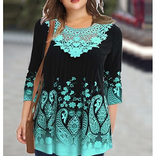 

Women's Plus Size Tops Blouse Shirt Floral 3/4 Length Sleeve Round Neck Casual Daily Vacation Polyester Fall Winter Green