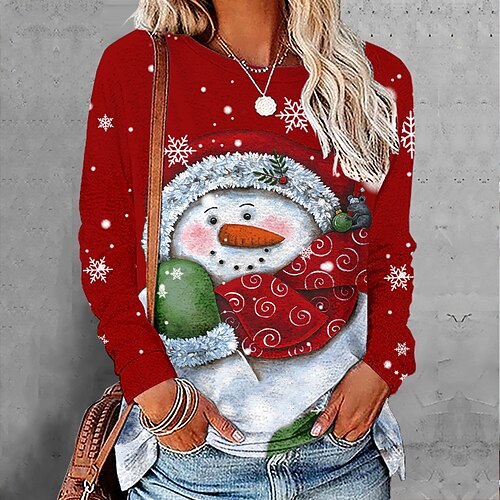 

Women's T shirt Tee Red Snowman Print Long Sleeve Christmas Casual Christmas Round Neck Regular Painting S