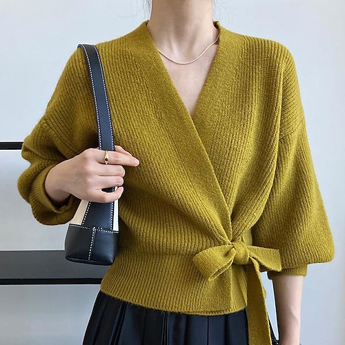 

Mulheres Sueter Cardigan Saltador Estriado Tricotar Cordões Tricotado Cor imaculada Decote V à moda Elegante Ao ar livre Diário Inverno Outono Verde Bege Tamanho Único / Manga Longa